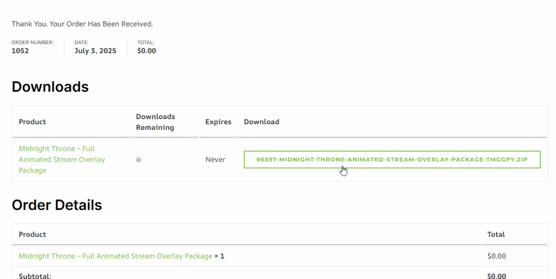 Order Received Page Example