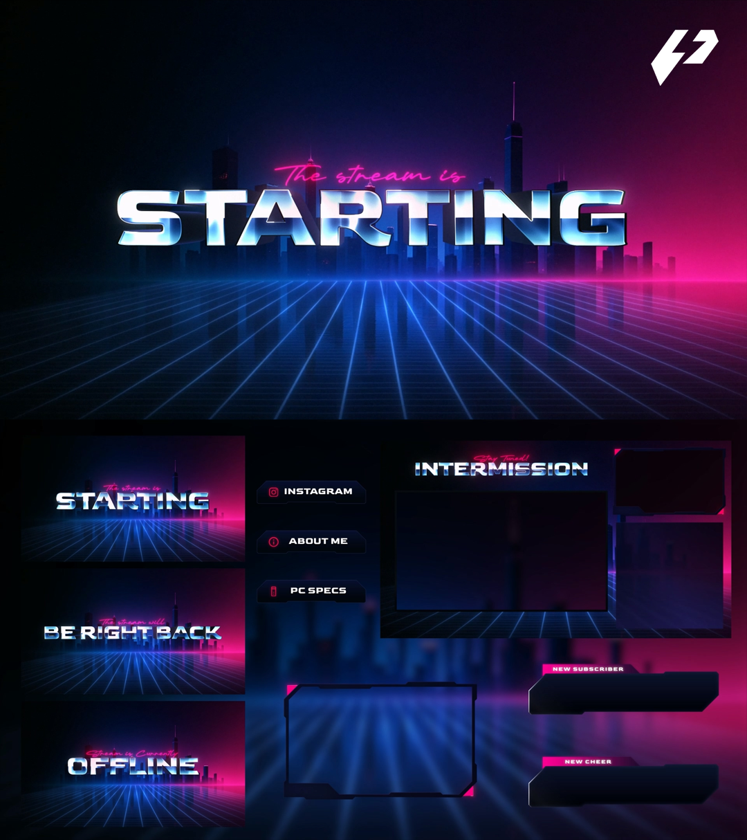 RetroVerse โ 80s Purple Synthwave Full Animated Stream Overlay Package (OBS & Twitch)