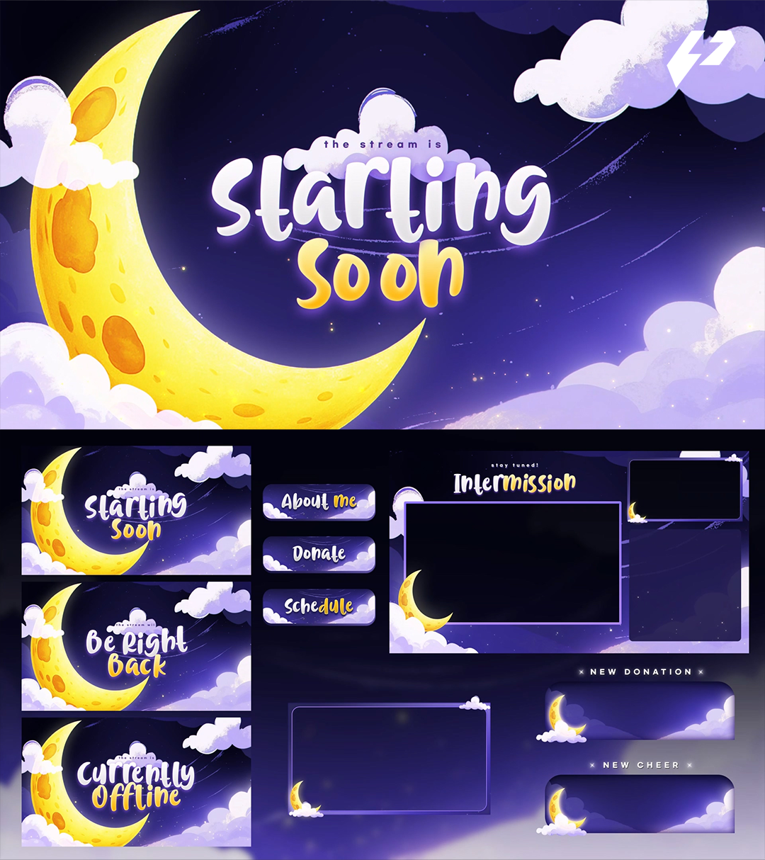 Midnight Dreams - Cute Moon Sky Animated Stream Overlay Package (OBS & Twitch)