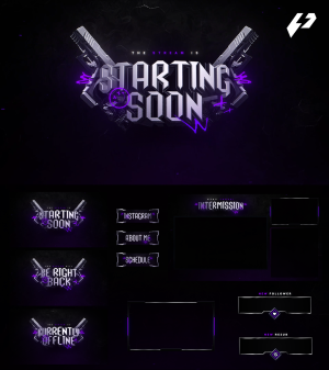 metallic chrome, neon-purple energy, and weapon-forged aesthetics Twitch overlay animated pack