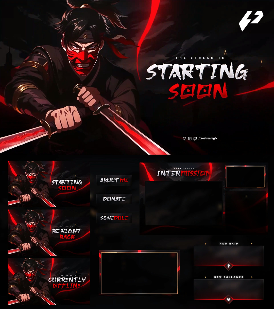 Shadow Katana - Japanese Anime Ninja/Samurai Animated Stream Overlay Package (OBS & Twitch)